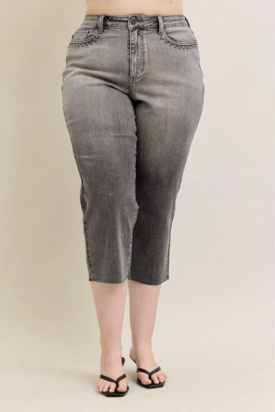 Close-up of the front detailing of Judy Blue Full Size Wide Leg Capris Jeans Plus Size.