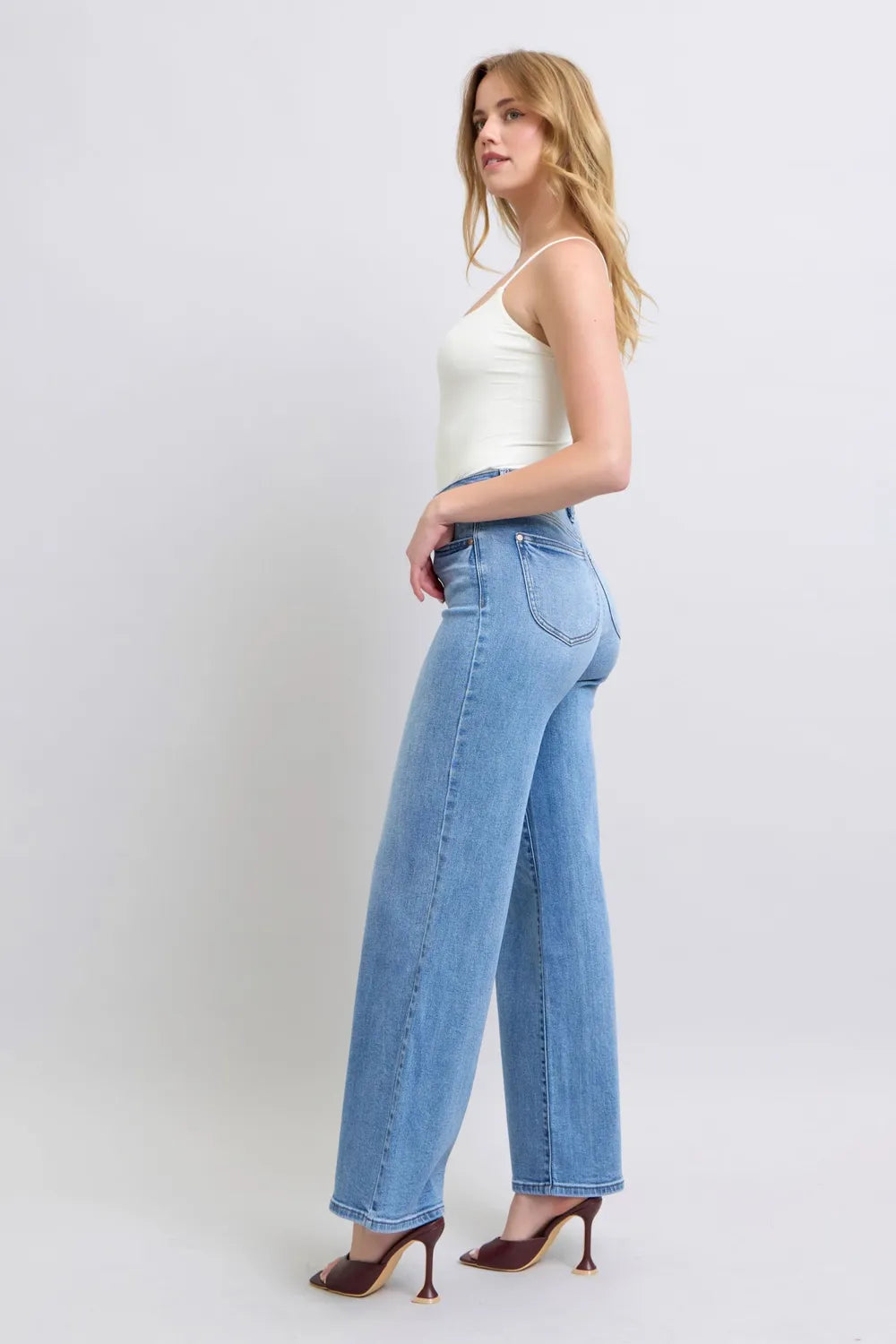 Close-up side view emphasizing the wide leg fit of Judy Blue Full Size Wide Leg Jeans with Pockets.
