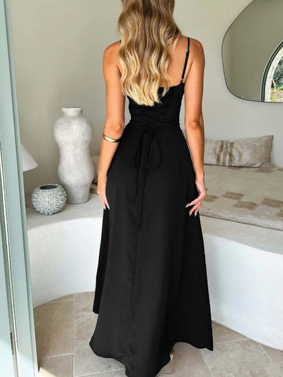 Back view highlighting the Lace-Up Solid Cami Dress in Black.
