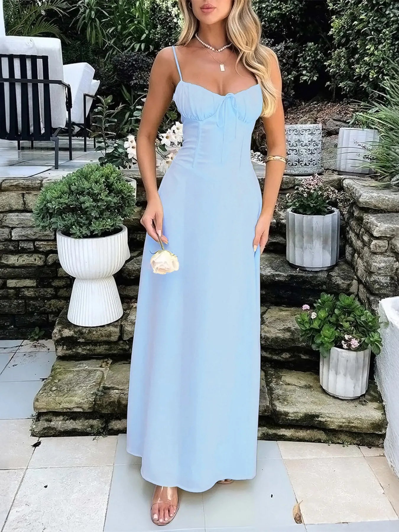 Front view of Lace-Up Solid Cami Dress in Light Blue.