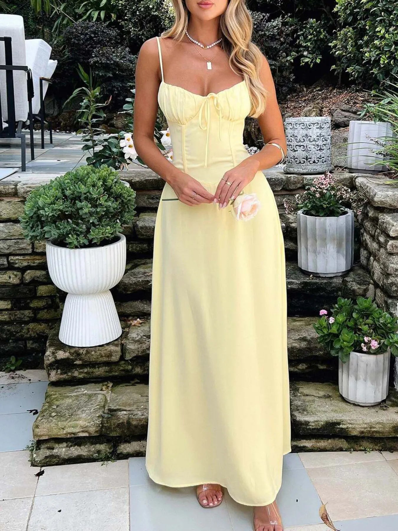 Front view of Lace-Up Solid Cami Dress in Light Yellow.