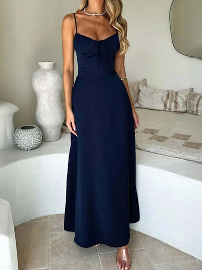 Front view of Lace-Up Solid Cami Dress in Navy.