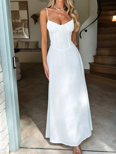 Side view showcasing the Lace-Up Solid Cami Dress in White.