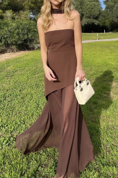Front view of Layered Tube Maxi Dress in Brown.