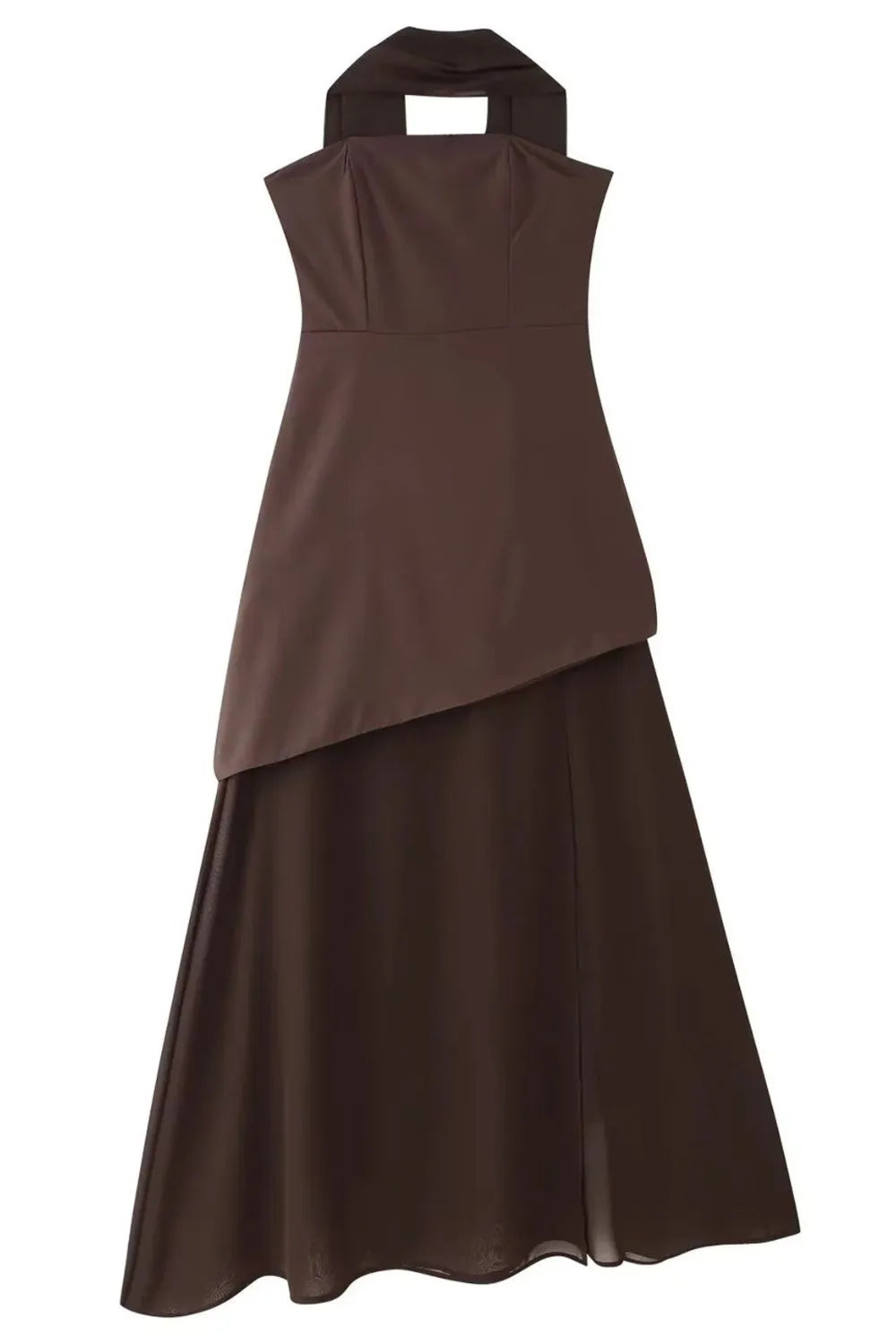 Side view showcasing the fit of Layered Tube Maxi Dress in Brown.