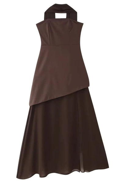Side view showcasing the fit of Layered Tube Maxi Dress in Brown.