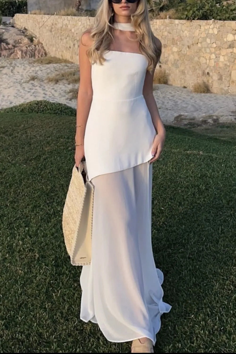 Front view of Layered Tube Maxi Dress in White.