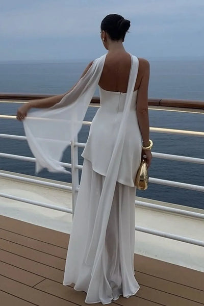 Side view showcasing the fit of Layered Tube Maxi Dress in White.