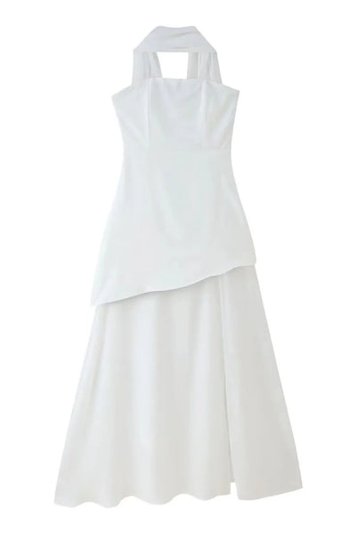 Back view highlighting the design of Layered Tube Maxi Dress in White.