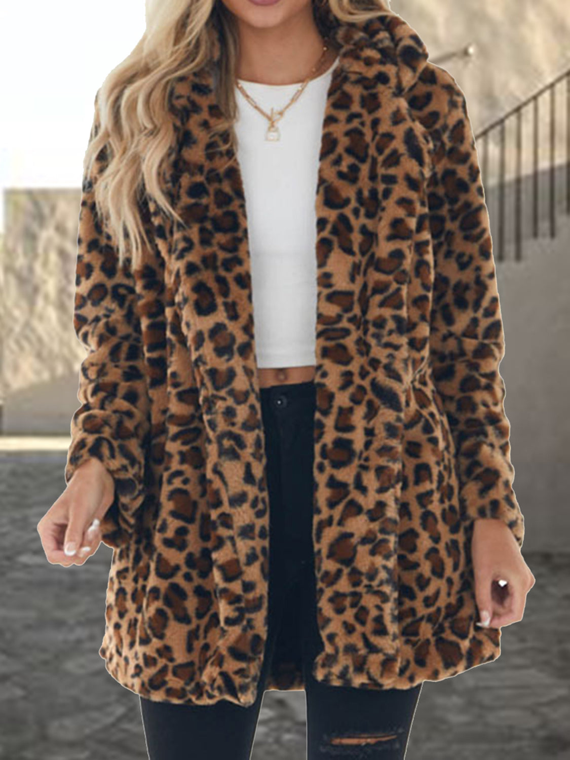 Front view of Leopard Collared Neck Coat with Pockets in Mocha.