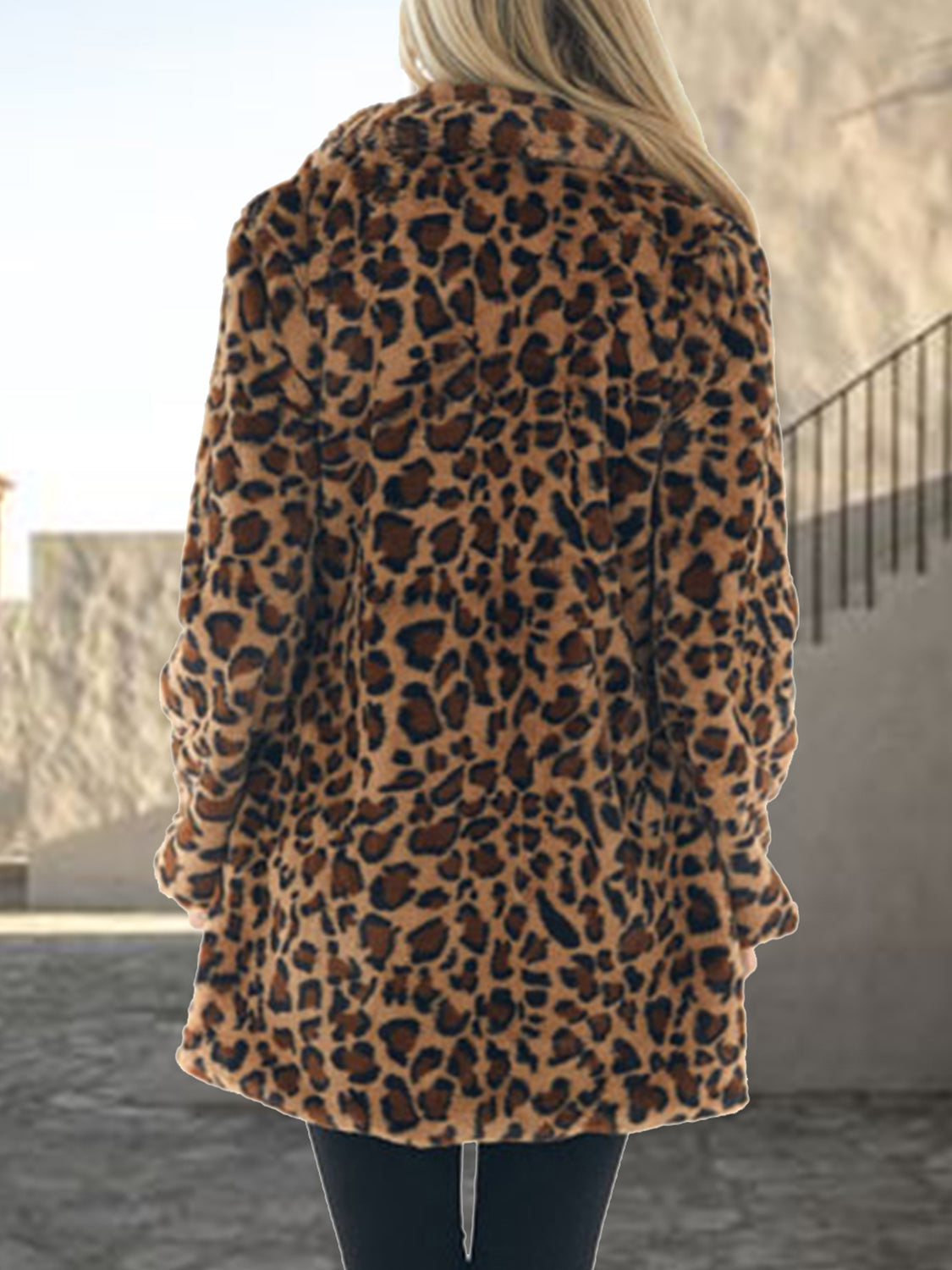 Side view showcasing the fit of Leopard Collared Neck Coat with Pockets in Mocha.