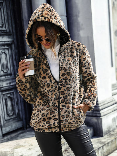 Front view of Leopard Zip-Up Hooded Jacket in Camel.