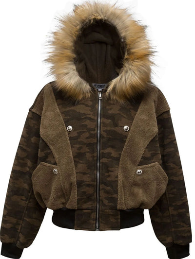 Front view of Men's Camouflage Faux Fur Hood Jacket in Coffee Brown.