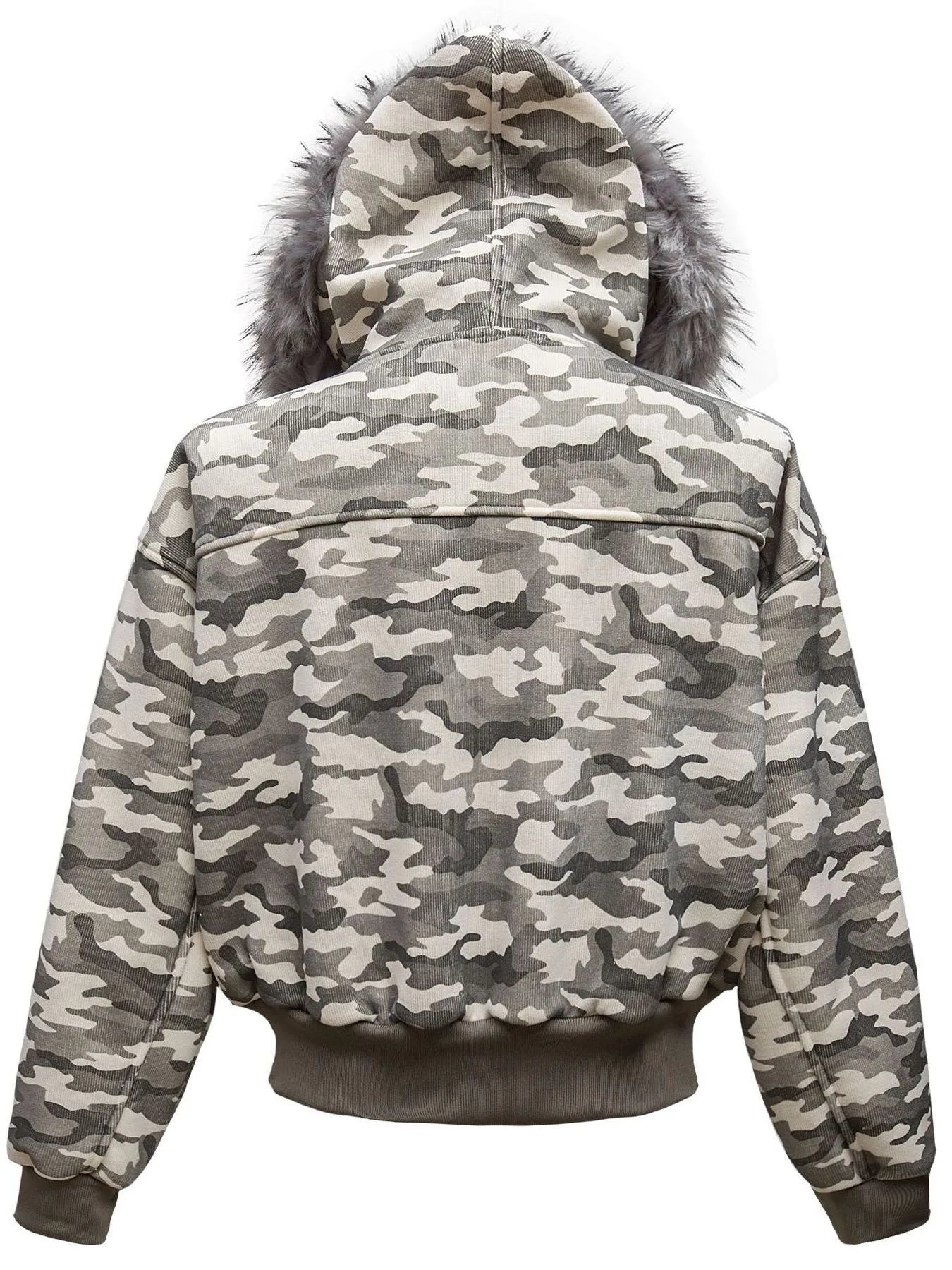 Back view highlighting the design of Men's Camouflage Faux Fur Hood Jacket in Coffee Brown.