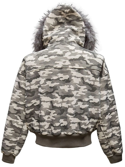 Back view highlighting the design of Men's Camouflage Faux Fur Hood Jacket in Coffee Brown.