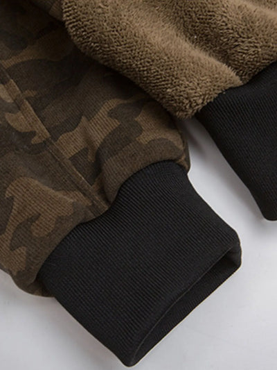Close-up of the faux fur hood trim on Men's Camouflage Faux Fur Hood Jacket in Coffee Brown.