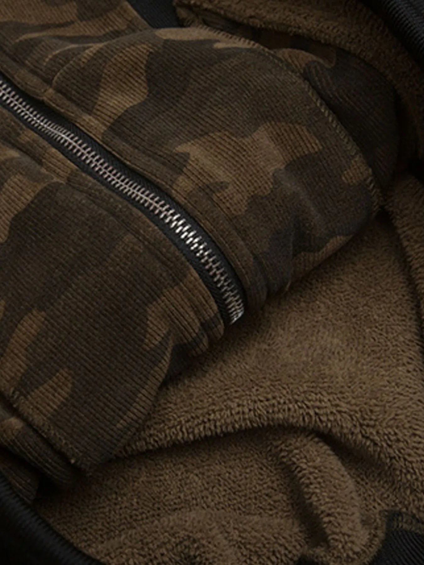 Model wearing Men's Camouflage Faux Fur Hood Jacket in Coffee Brown from the front.