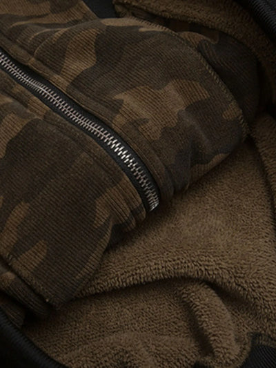 Model wearing Men's Camouflage Faux Fur Hood Jacket in Coffee Brown from the front.