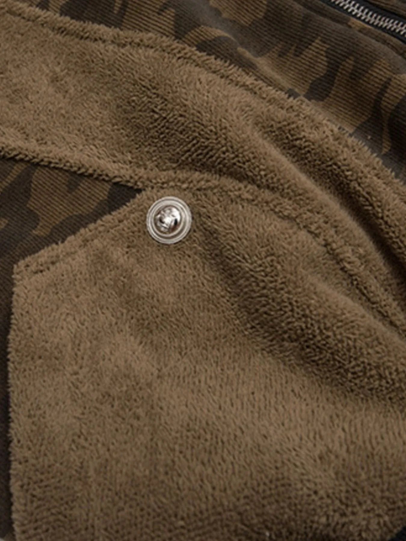 Model wearing Men's Camouflage Faux Fur Hood Jacket in Coffee Brown from the side.