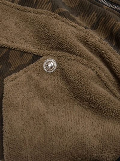 Model wearing Men's Camouflage Faux Fur Hood Jacket in Coffee Brown from the side.