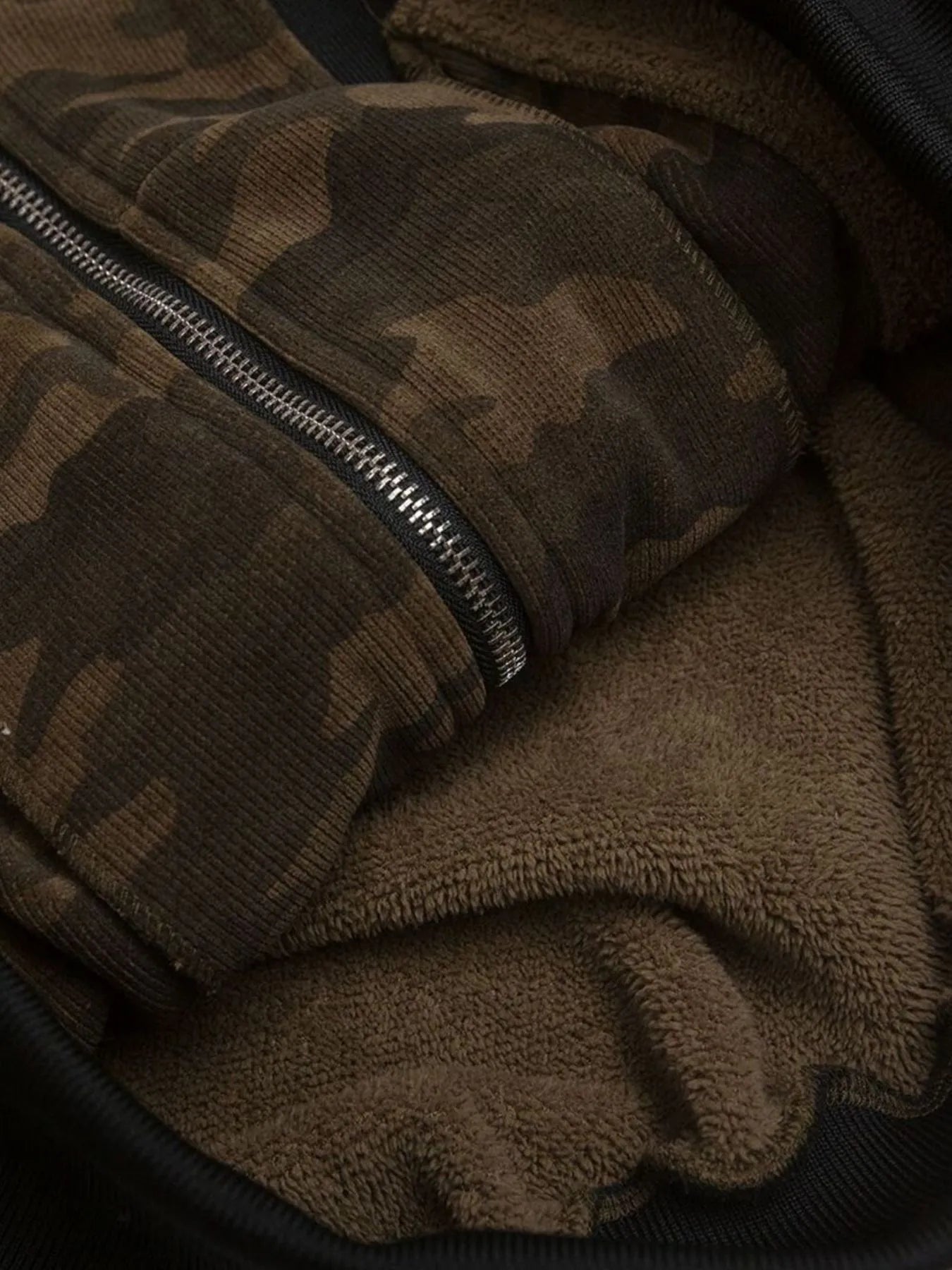 Close-up of the zipper and snap closures on Men's Camouflage Faux Fur Hood Jacket in Coffee Brown.