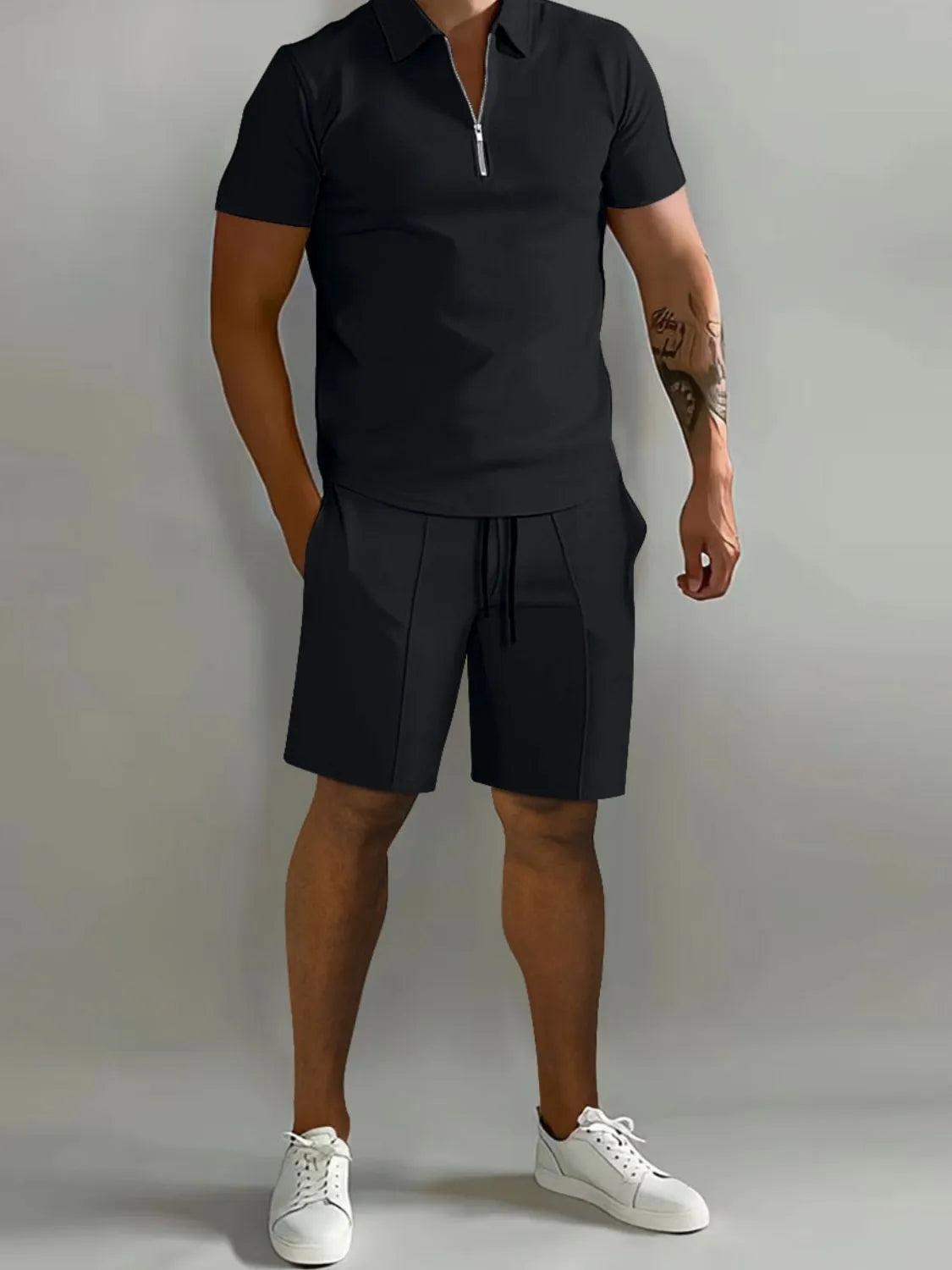 Front view of Men's Collared Neck Short Sleeve Top and Shorts Set in Black.