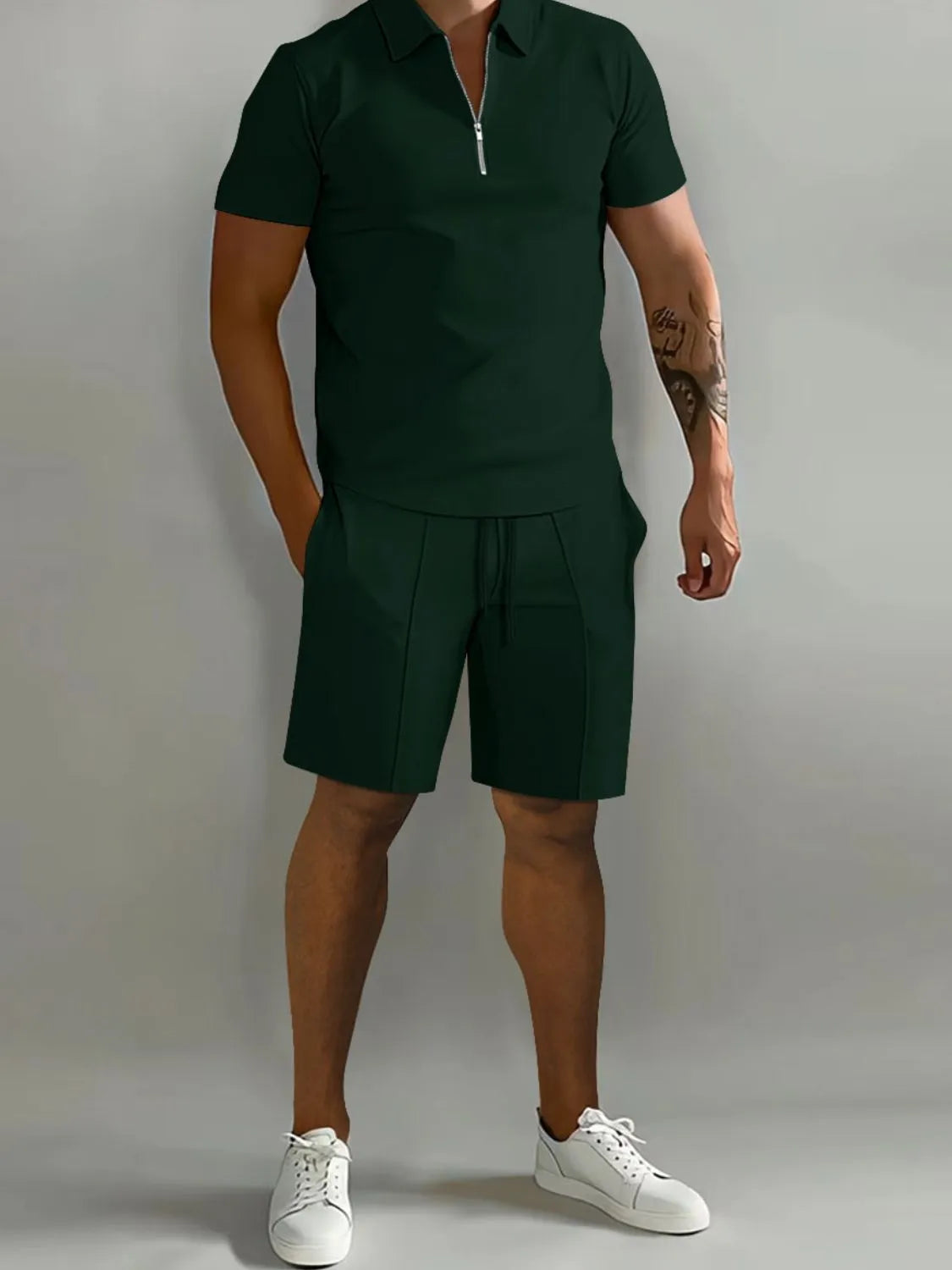 Front view of Men's Collared Neck Short Sleeve Top and Shorts Set in Black Forest.