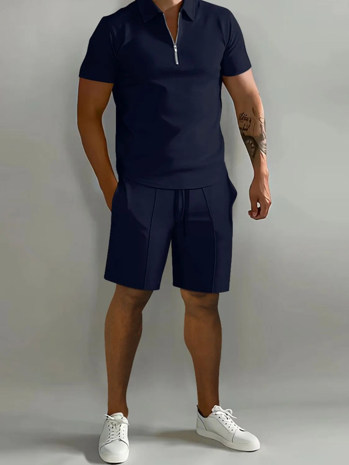Front view of Men's Collared Neck Short Sleeve Top and Shorts Set in Dark Blue.