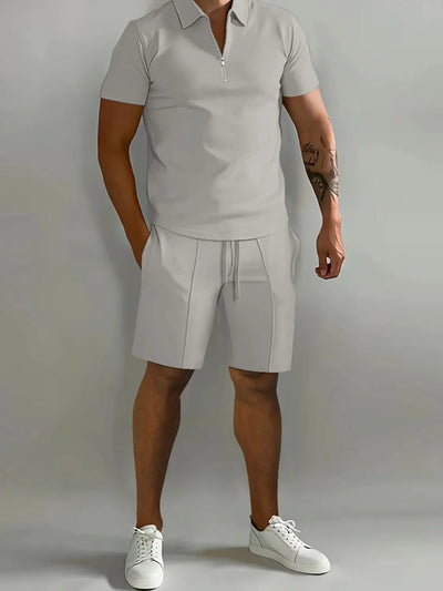 Front view of Men's Collared Neck Short Sleeve Top and Shorts Set in Gray.