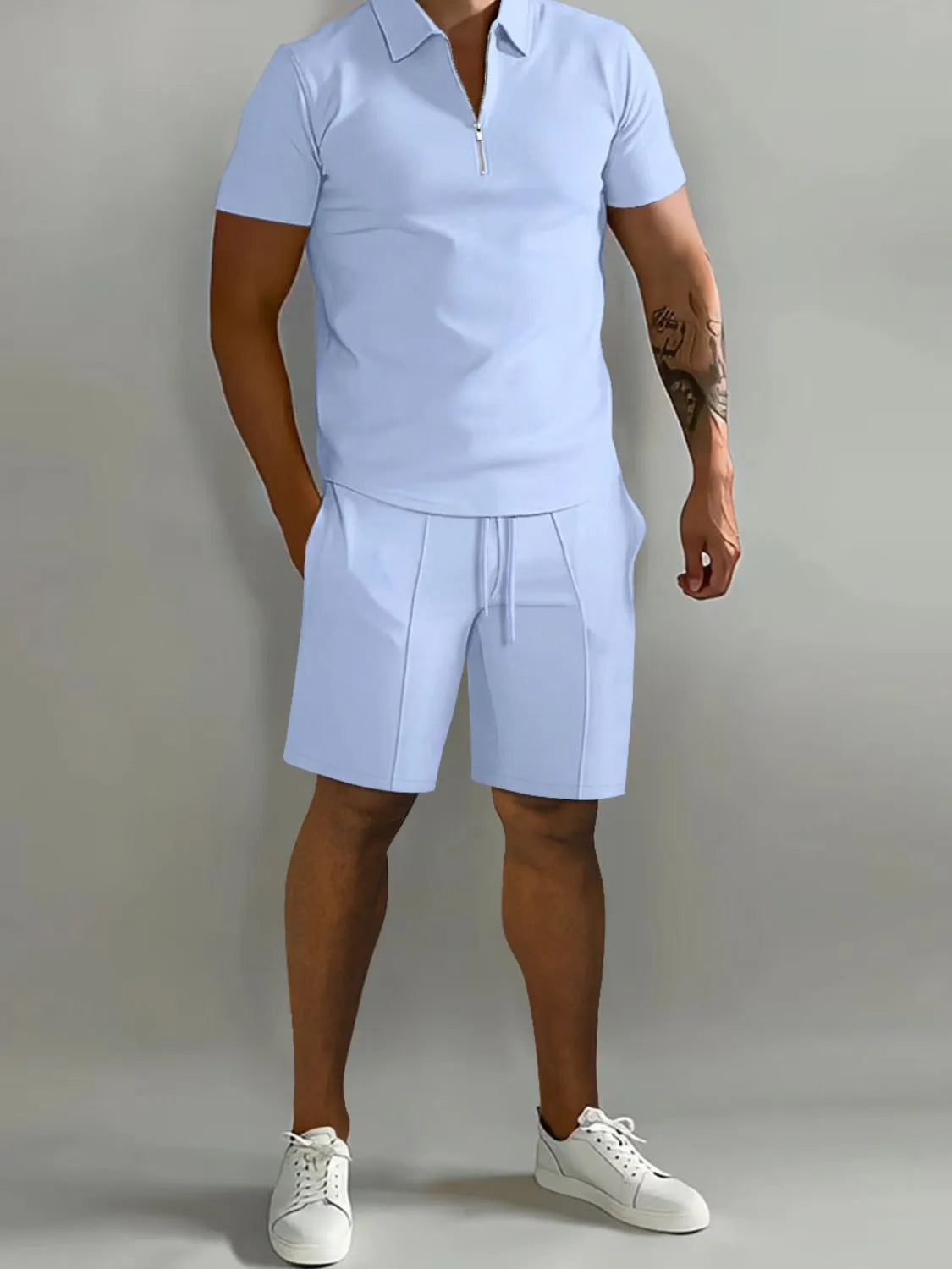 Front view of Men's Collared Neck Short Sleeve Top and Shorts Set in Light Blue.