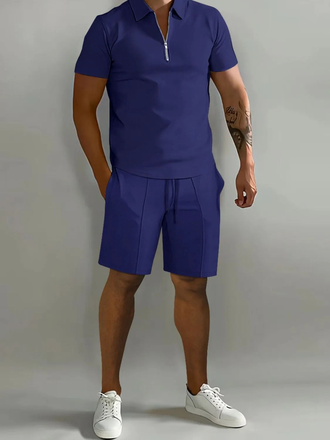 Front view of Men's Collared Neck Short Sleeve Top and Shorts Set in Navy.