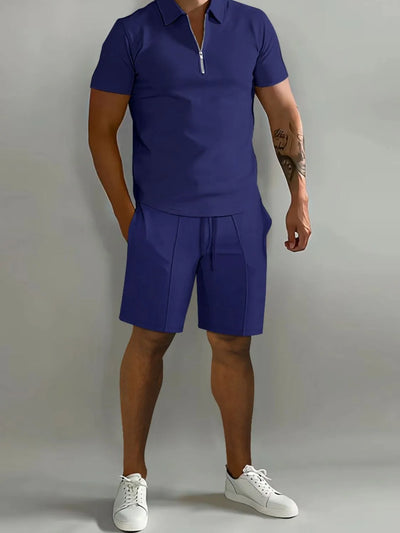 Front view of Men's Collared Neck Short Sleeve Top and Shorts Set in Navy.