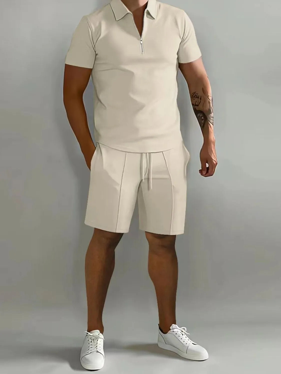 Front view of Men's Collared Neck Short Sleeve Top and Shorts Set in Tan.