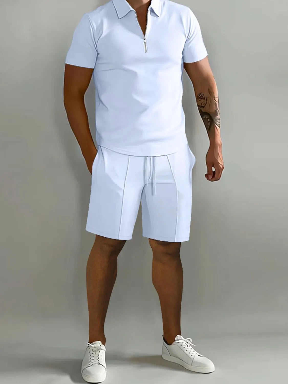 Front view of Men's Collared Neck Short Sleeve Top and Shorts Set in White.