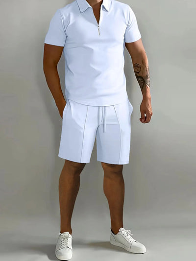 Front view of Men's Collared Neck Short Sleeve Top and Shorts Set in White.