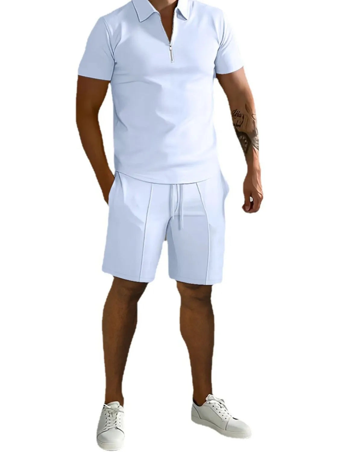 Side view showcasing the fit of Men's Collared Neck Short Sleeve Top and Shorts Set in White.