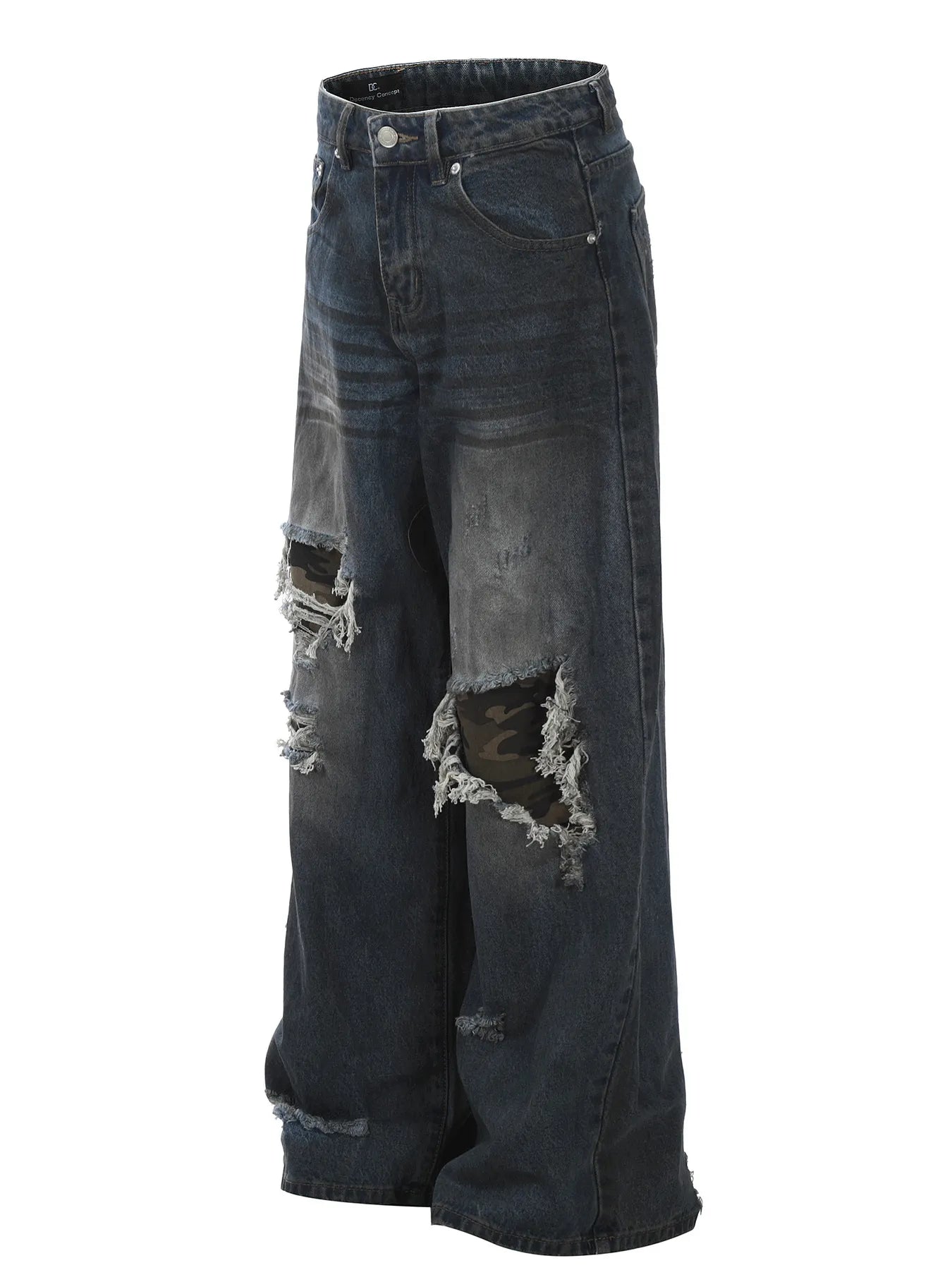 Side view showcasing the fit of Men's Distressed Wide Leg Jeans in Blue.