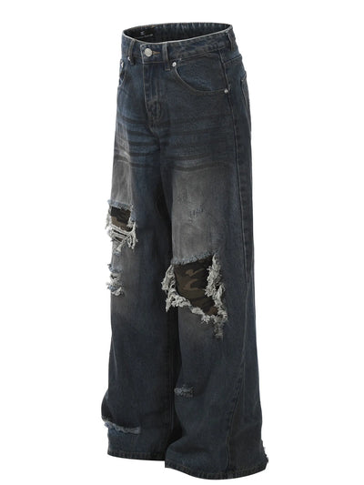 Side view showcasing the fit of Men's Distressed Wide Leg Jeans in Blue.