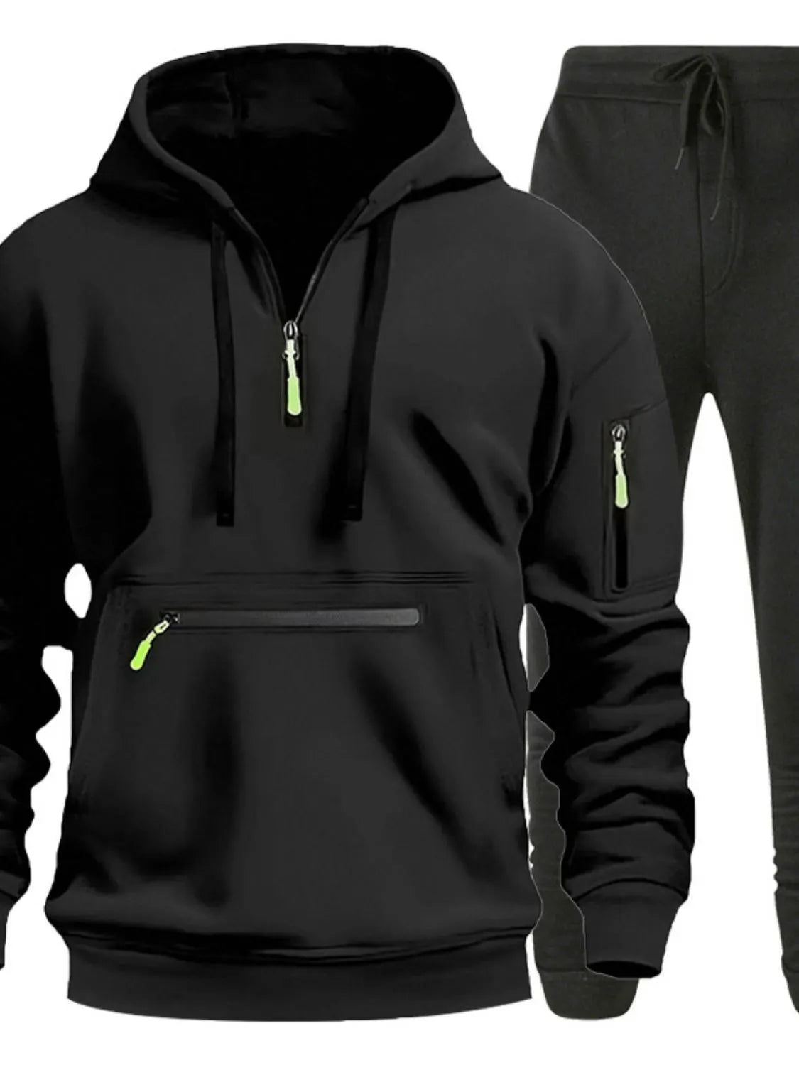 Front view of Men's Drawstring Half Zip Hoodie and Pants Set in Black.