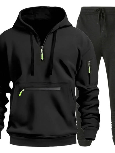 Front view of Men's Drawstring Half Zip Hoodie and Pants Set in Black.