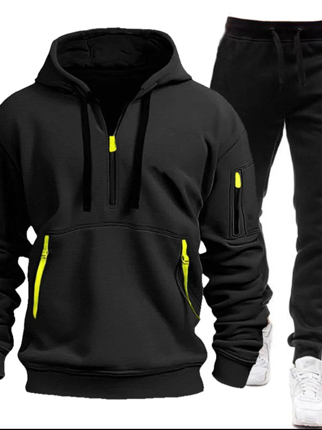 Front view of Men's Drawstring Half Zip Hoodie and Pants Set in Black.