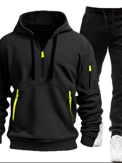 Front view of Men's Drawstring Half Zip Hoodie and Pants Set in Black.