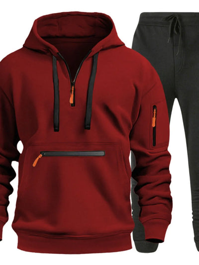 Front view of Men's Drawstring Half Zip Hoodie and Pants Set in Burgundy.