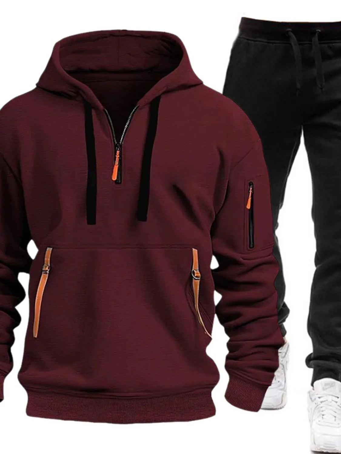 Front view of Men's Drawstring Half Zip Hoodie and Pants Set in Burgundy.