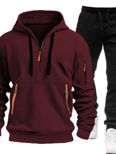 Front view of Men's Drawstring Half Zip Hoodie and Pants Set in Burgundy.