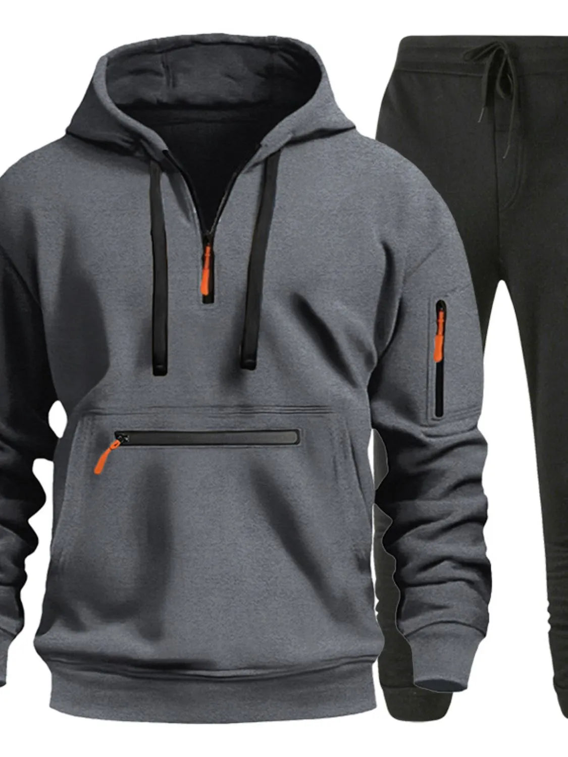 Front view of Men's Drawstring Half Zip Hoodie and Pants Set in Dark Gray.