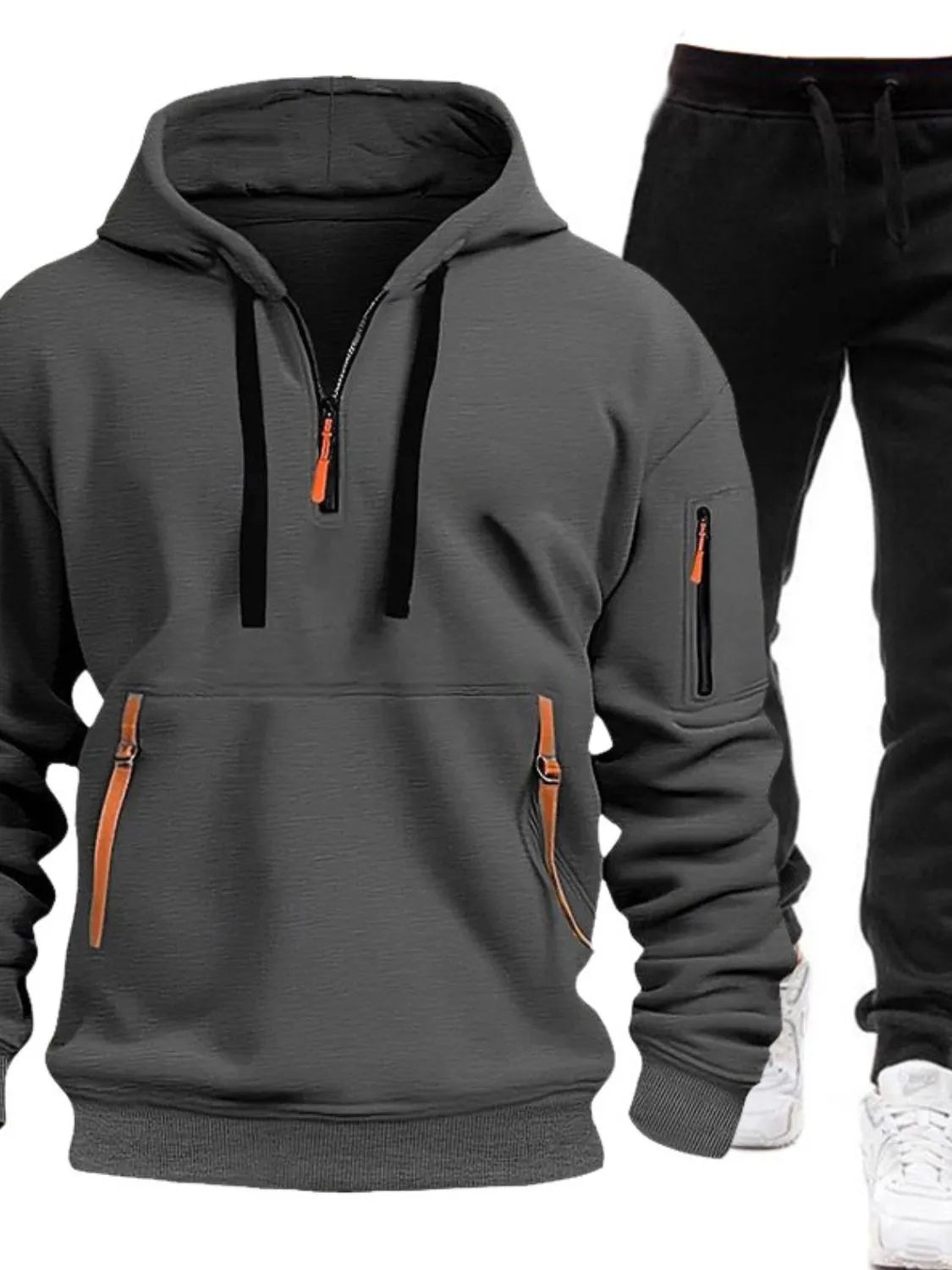 Front view of Men's Drawstring Half Zip Hoodie and Pants Set in Dark Gray
