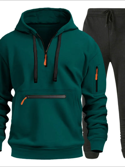 Front view of Men's Drawstring Half Zip Hoodie and Pants Set in Dark Green.