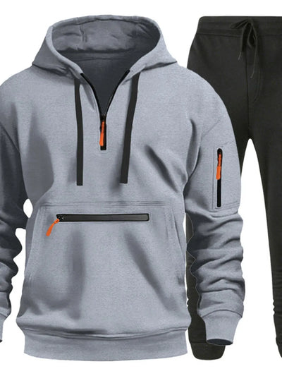 Front view of Men's Drawstring Half Zip Hoodie and Pants Set in Gray.
