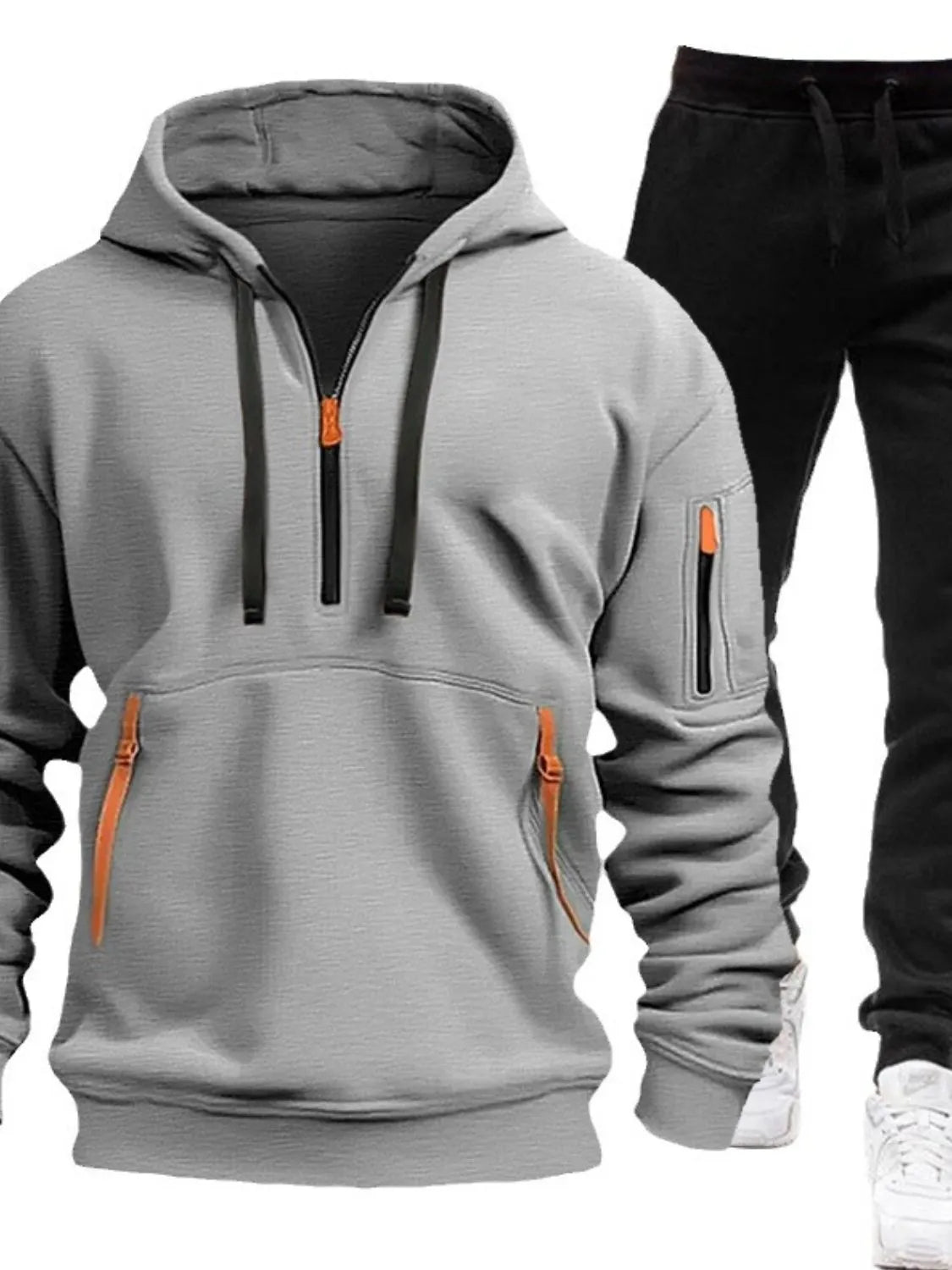Front view of Men's Drawstring Half Zip Hoodie and Pants Set in Gray